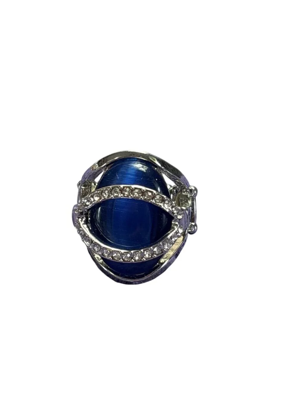 Silvertone Dark Blue Cat's Eye Stretchy Ring Clear Rhinestones